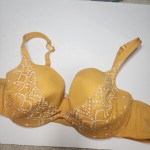 Cacique 44C Lightly Lined Balconette Bra Yellow Floral‎ Lace Underwire Comfort